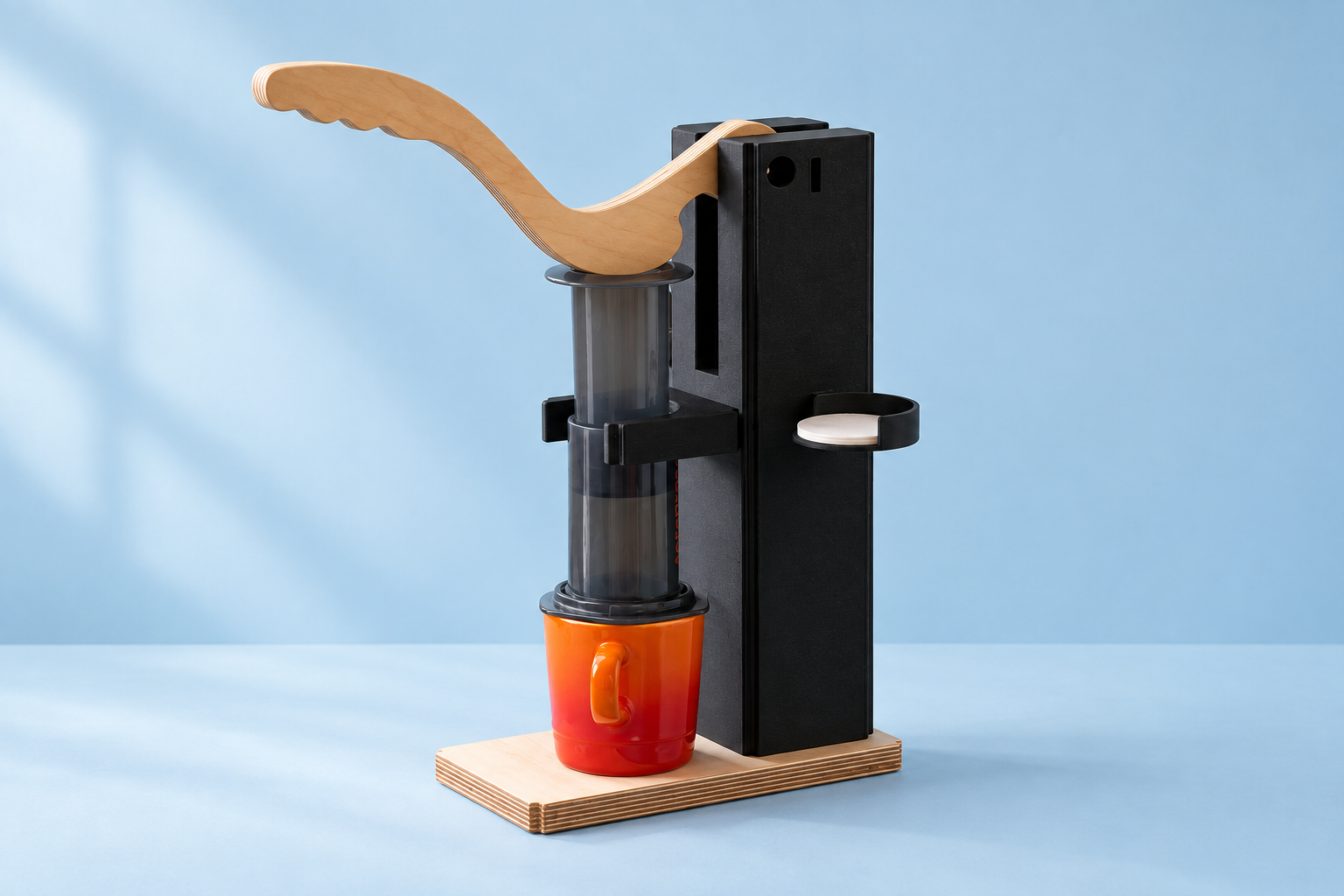 Levermatic with an AeroPress and orange cup, shown against a blue studio background